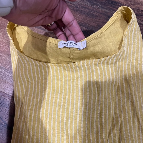 Lungo L’Arno Mustard Color 100% Linen White Stripes 3/4 Sleeve Tunic Top NWT - Picture 2 of 7